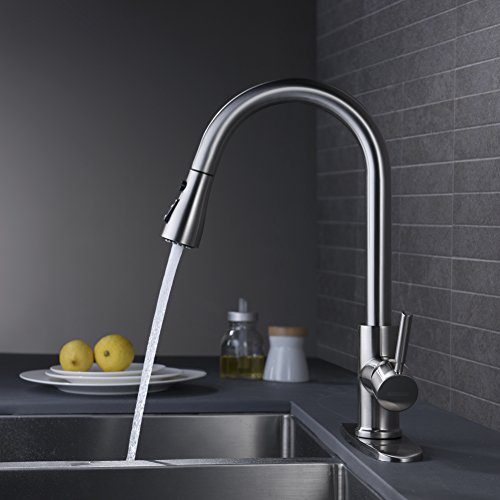 WEWE Single Handle High Arc Brushed Nickel Pull Out Kitchen Faucet,Single Level Stainless Steel Kitchen Sink Faucets with Pull Down Sprayer - Image 3