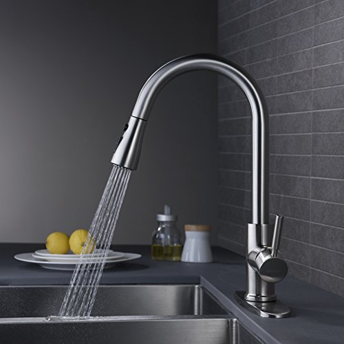 WEWE Single Handle High Arc Brushed Nickel Pull Out Kitchen Faucet,Single Level Stainless Steel Kitchen Sink Faucets with Pull Down Sprayer - Image 2