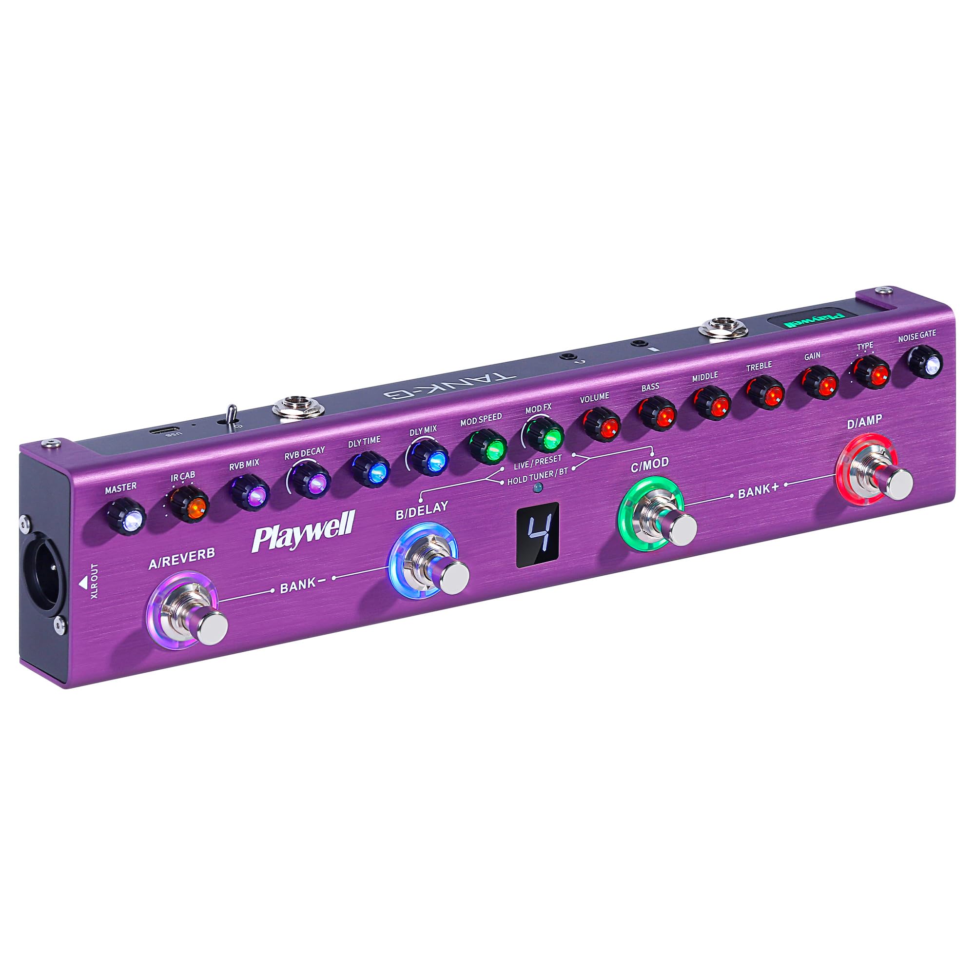 Playwell Multi Effects Guitar Pedal TANK-G,Digital Electric Guitar Effector with 36 Editable Presets,Chorus,Delay,Reverb,MOD,IR Loading,Recording,Tuner,Built-in battery,BT connection