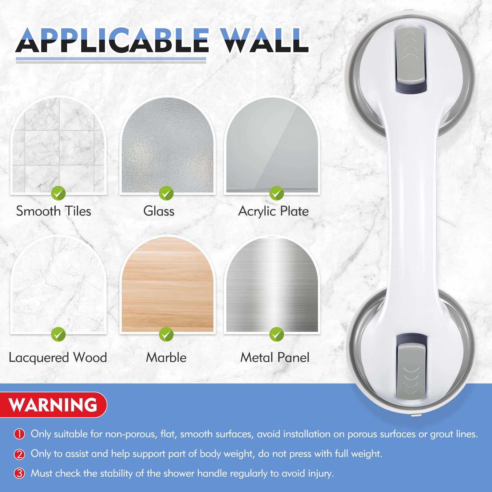 Shower Handle 12 inch Grab Bars for Bathtubs and Showers, Strong Hold Suction Cup Handle, Safety Bars for Shower Chair Bench, Bathroom Grab Bar for Seniors, Elderly, Handicap (2 Pack) - Image 7